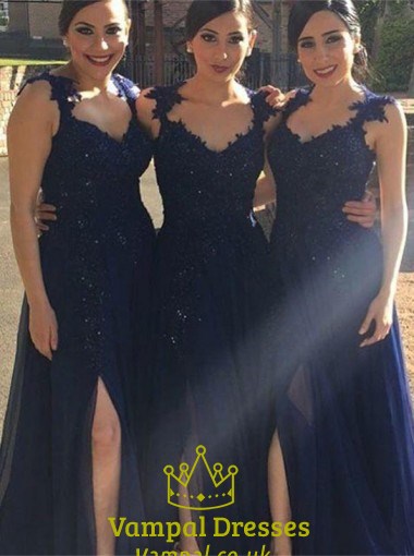 Navy Blue Cap Sleeve Beaded Lace Chiffon Bridesmaid Dress With Split