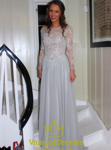 Illusion Long Sleeve Open Back A-Line Prom Dress With Appliques