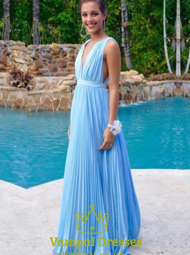 Light Blue Deep V-Neck Sleeveless Ruched Chiffon A-Line Evening Dress