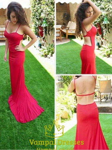 Red Mermaid Spaghetti Strap Side Cut Out Evening Dress With Open Back