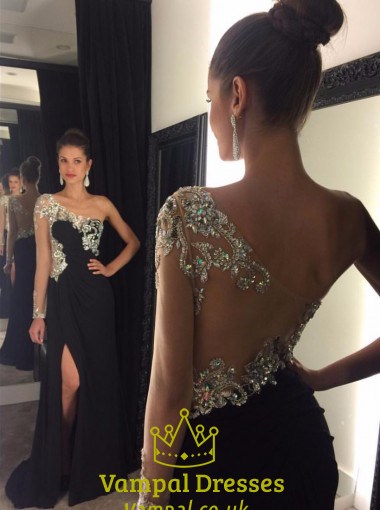 One Shoulder Sheer Long Sleeve Embellished Evening Dress With Split