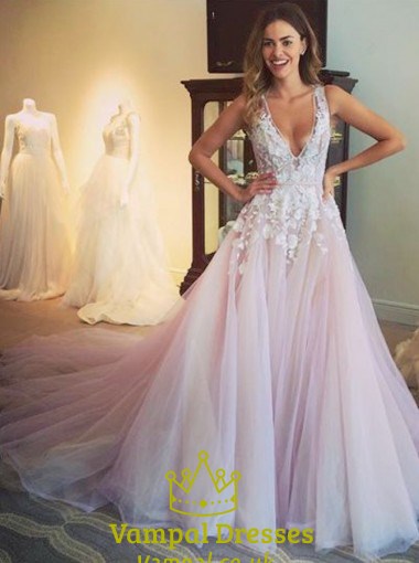 Light Pink Sleeveless Deep V Neck Lace Applique Ball Gown With Train