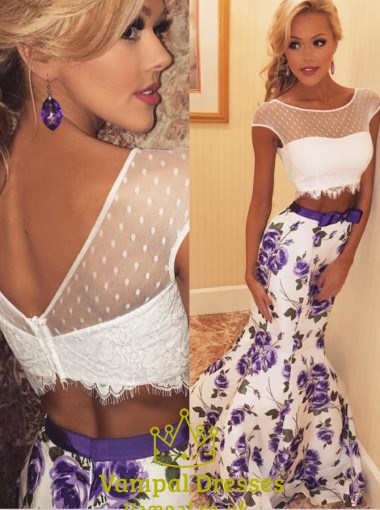 Illusion Two-Piece Cap Sleeve Lace Top Floral Mermaid Evening Dress