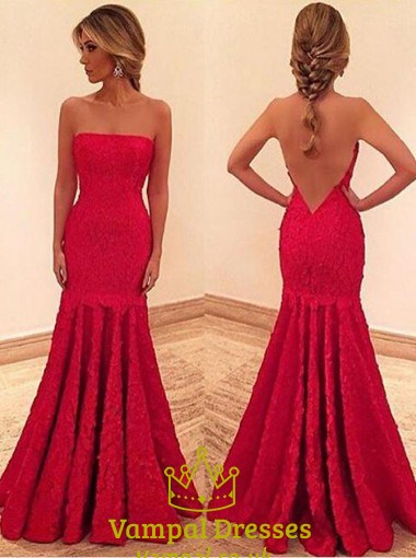 Red Strapless Drop Waist Mermaid Lace Long Prom Dress With Open Back