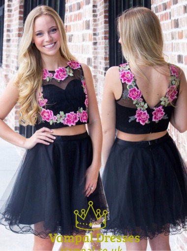 Sleeveless Embroidery Two Piece Knee Length A-Line Homecoming Dress