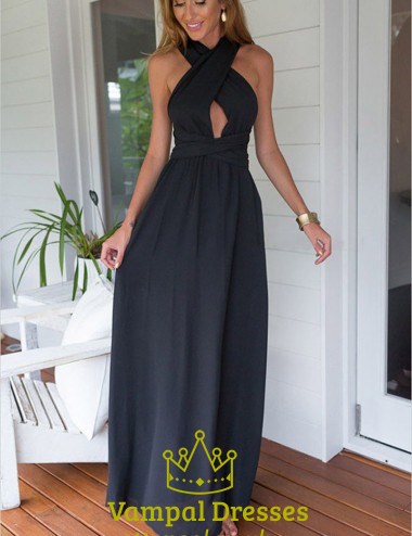 Navy Blue Sleeveless Open Back Cross Back A-Line Prom Dress With Belt