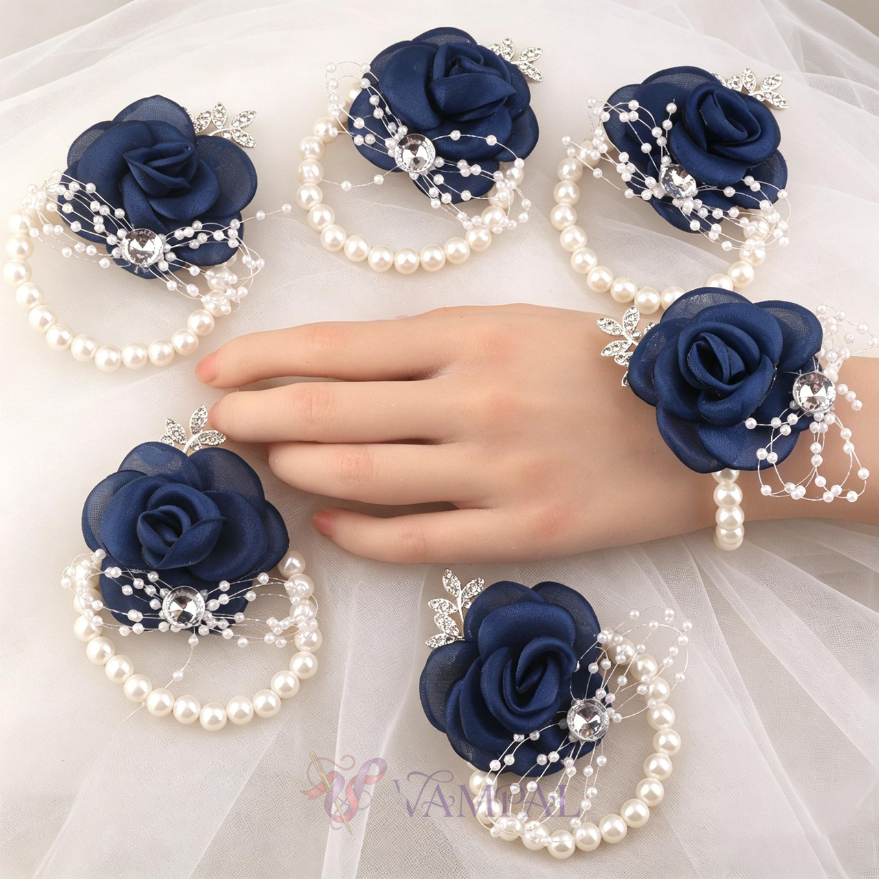 Silver Leaf Rhinestone Wrist Corsage With Navy Rose