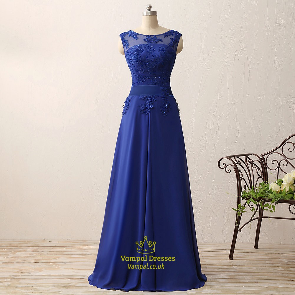 Königblaues Chiffon-Prom-Kleid lang mit Flügelärmeln und Spitzen-Applikationen