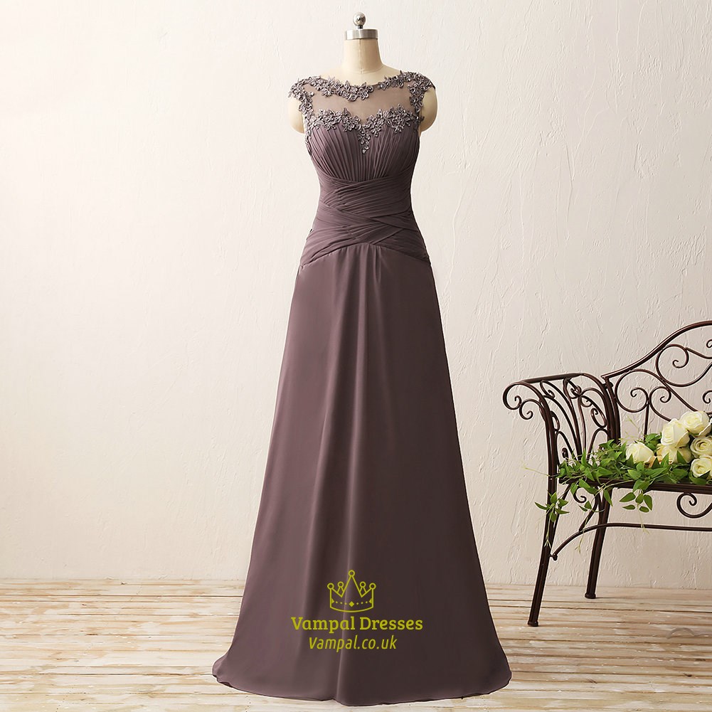 Ärmelloses Chiffon-Prom-Kleid lang mit Empire-Taille und Illusions-Ausschnitt