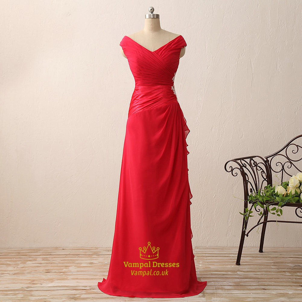 Rotes Chiffon-Prom-Kleid lang mit Flügelärmeln, V-Ausschnitt und verzierter Taille