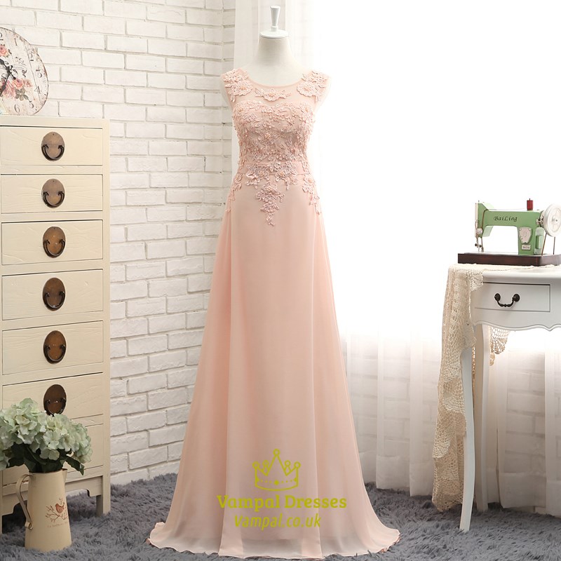 Pfirsichfarbenes ärmelloses Chiffon-Prom-Kleid mit Illusions-Effekt, Spitze und verziertem Oberteil