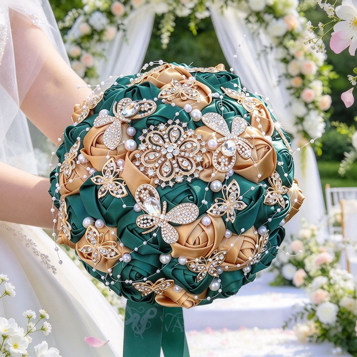 Bouquet de roses artificielles ruban vert foncé avec papillon strass et décorations perles