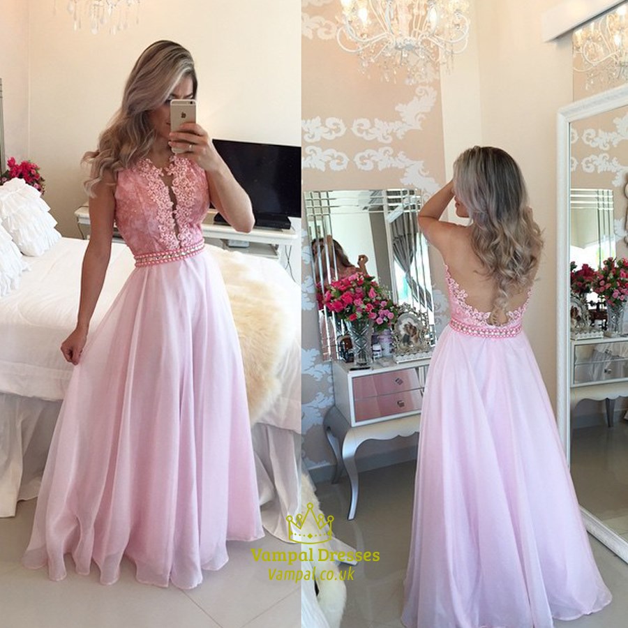 Rosa ärmelloses A-Linie Prom Dress mit transparentem Rücken und Spitzenperlenoberteil