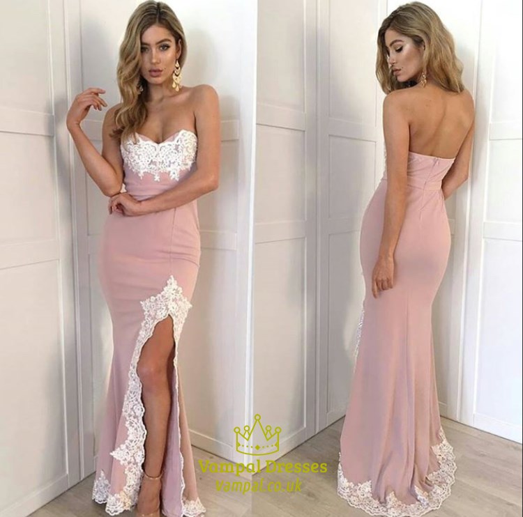 Trägerloses Herzausschnitt Spitze Chiffon Abendkleid mit Schlitz