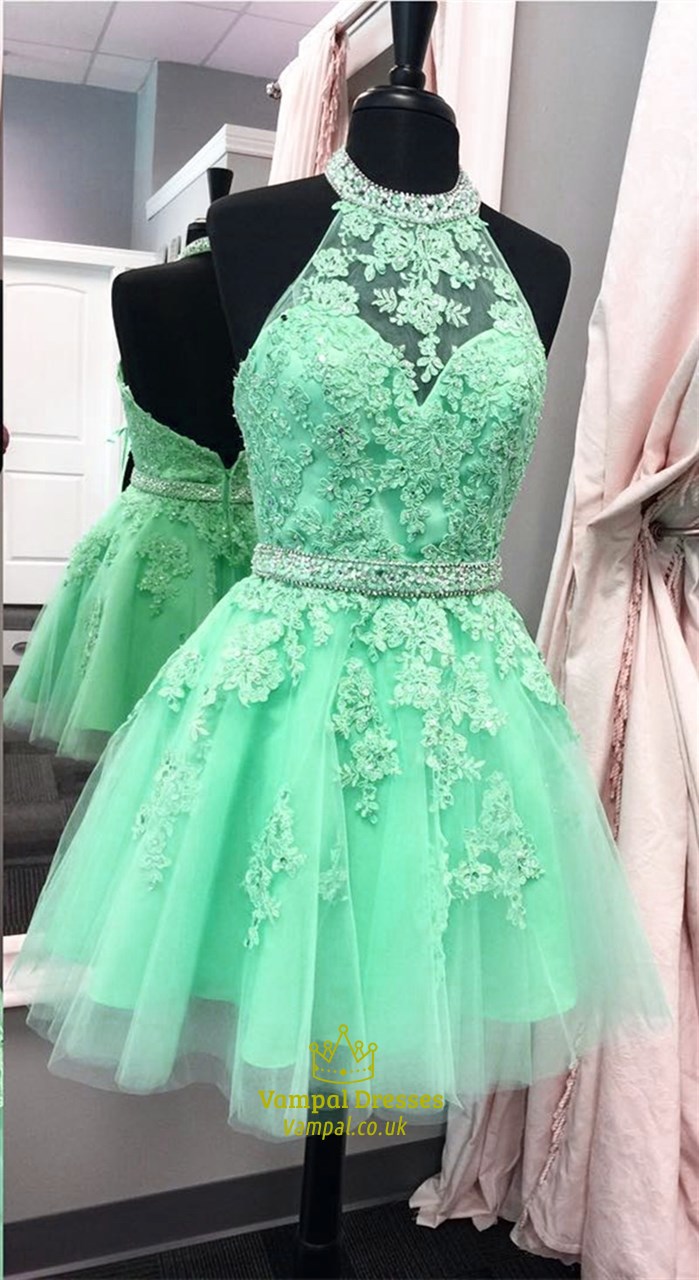 Ärmelloses Halter Applikation Tüll kurzes Homecoming Dress mit offenem Rücken