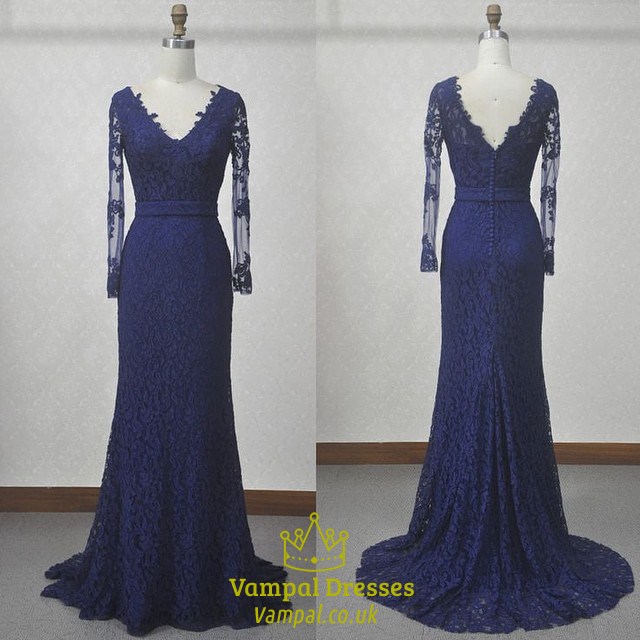 Langarm V-Ausschnitt Spitzenüberzug Meerjungfrau Abendkleid