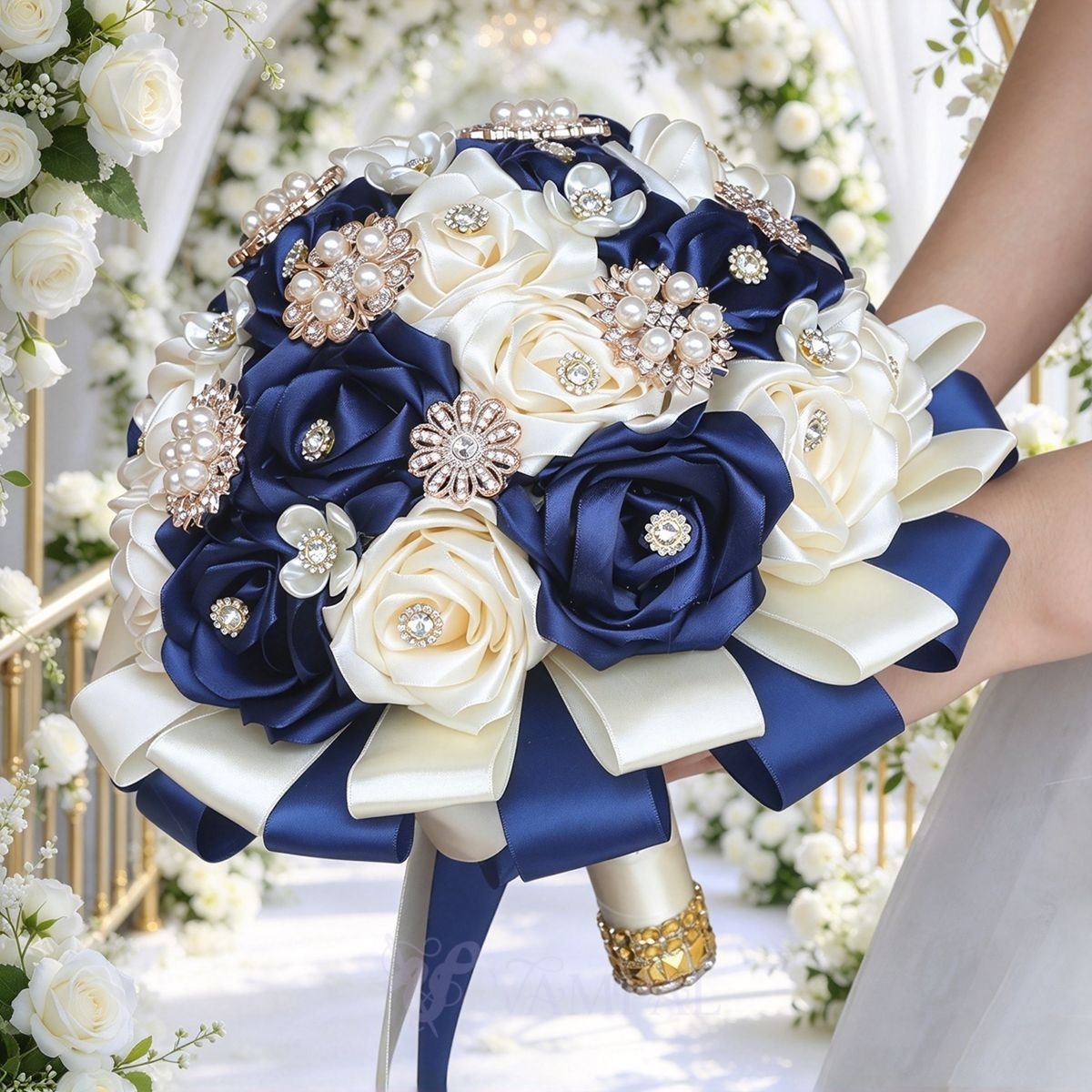 Navy Apricot Satin Ribbon Rose Bridal Bouquet With Rhinestone Pearl