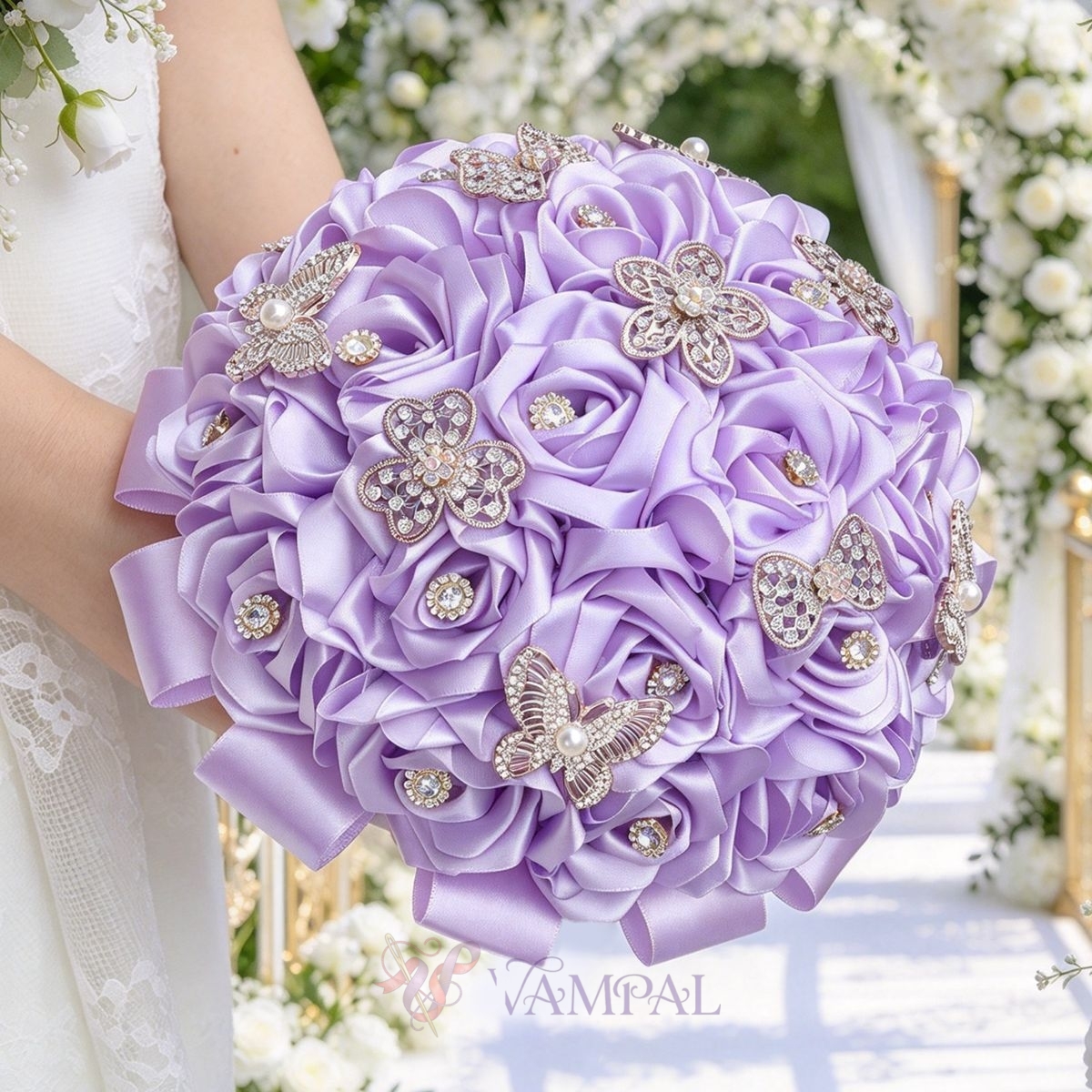 Ramo de novia de rosa de cinta lila con mariposa de rhinestones y perlas
