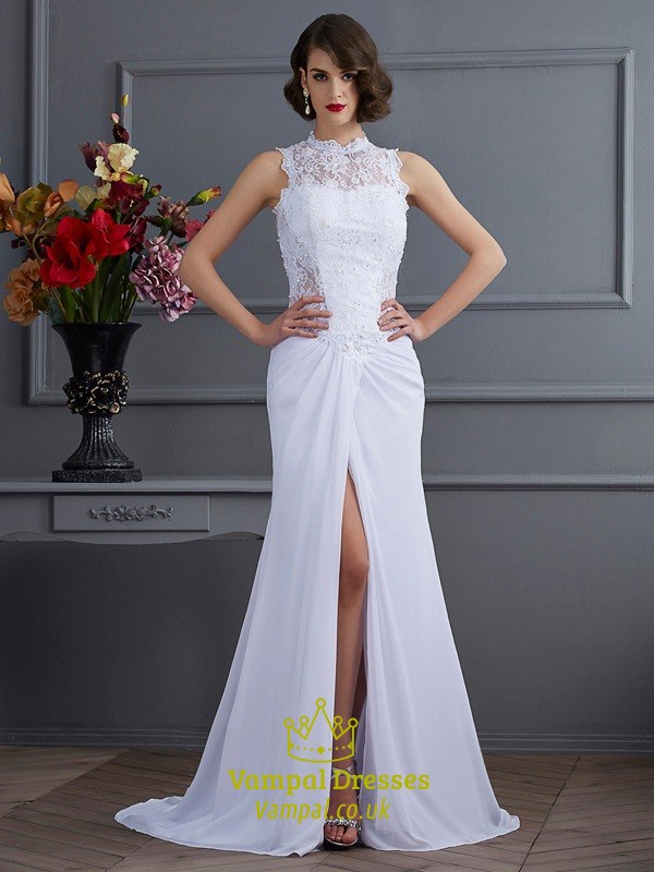 Ärmelloses Weißes Spitze Oberteil Chiffon Abendkleid mit Frontschlitz