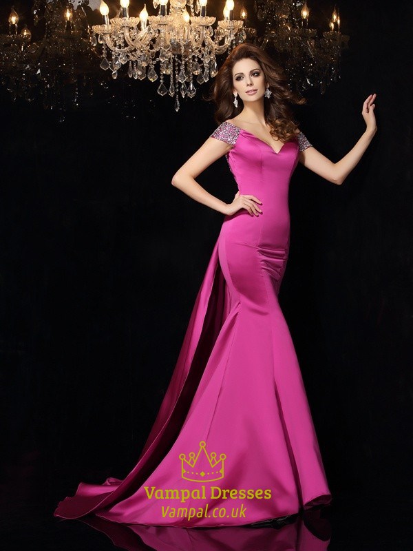 Fuchsia Offener Rücken V-Ausschnitt Meerjungfrau Bodenlanges Prom Dress mit Schleppe