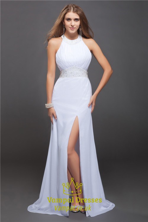 Weißes A-Linien-Chiffon-Abschlussballkleid mit Criss-Cross-offenem Rücken und Frontschlitz