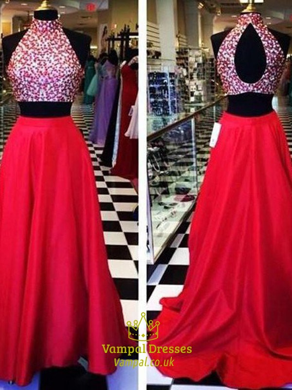 Zweiteiliges rotes Satin-Abschlussballkleid mit perlenbesetztem Oberteil und Keyhole-Rücken