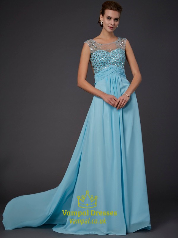 Aquablaues ärmelloses Illusions-Abschlussballkleid mit perlenbesetztem Oberteil und offenem Rücken