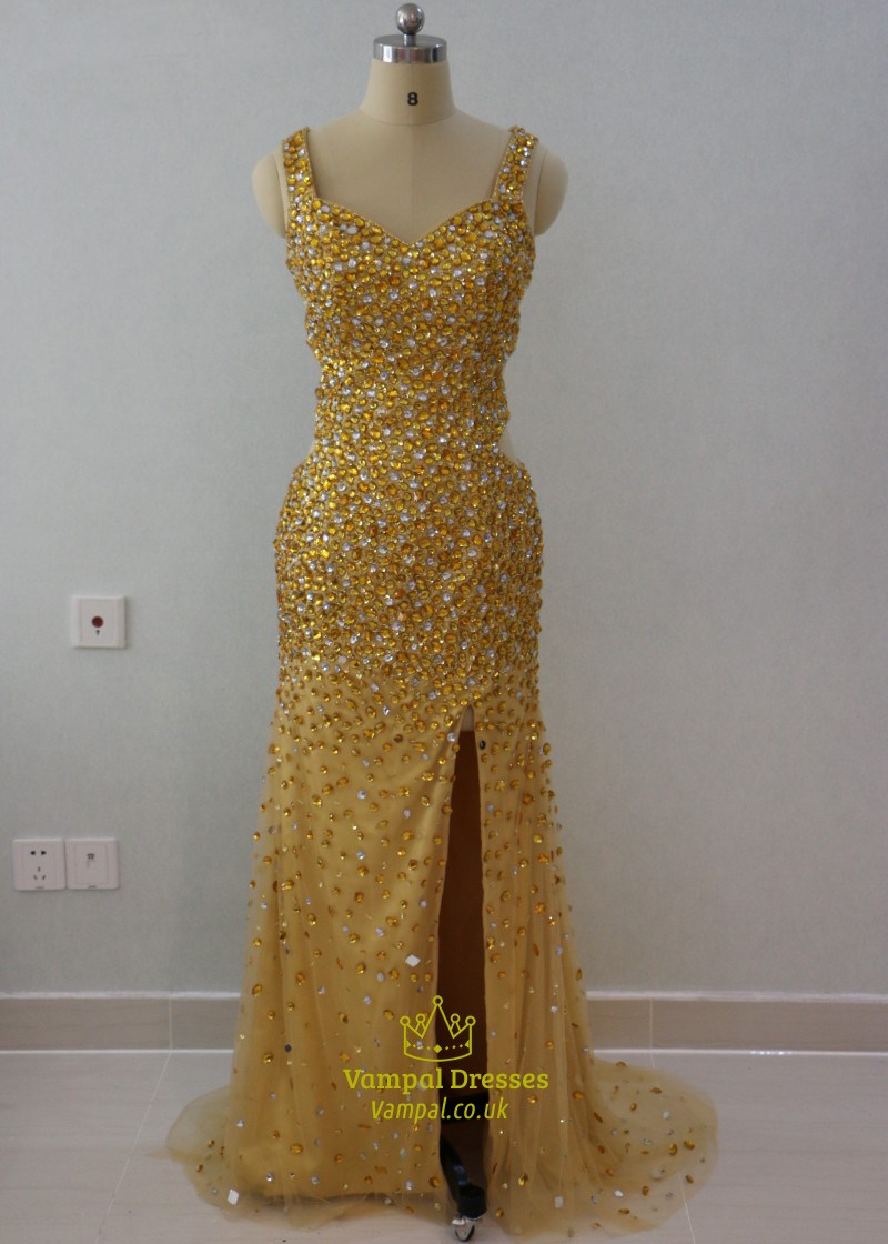 Ärmelloses Perlenbesetztes Bodenlanges Prom-Kleid Mit Vorderem Schlitz