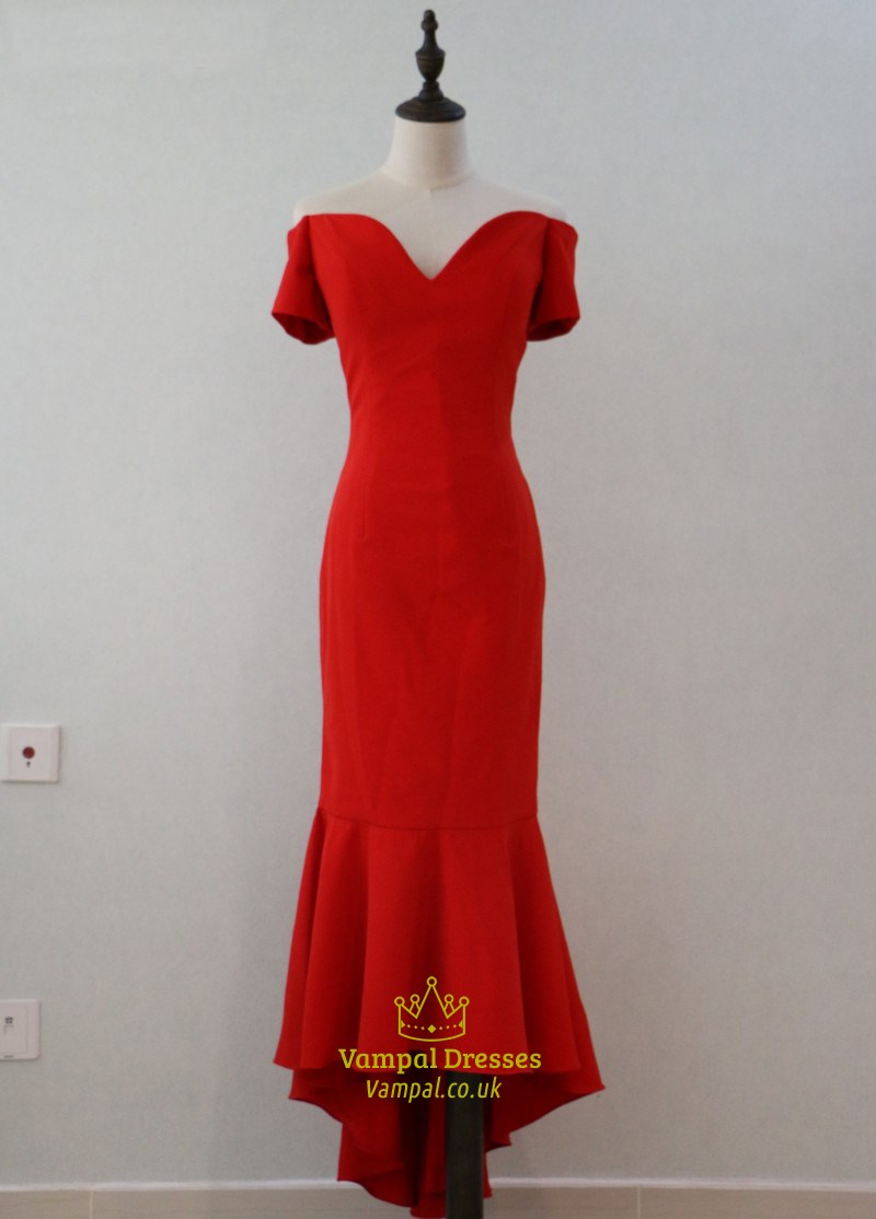 Schulterfreies Kurzarm Hüftbetontes High-Low Meerjungfrau Prom-Kleid