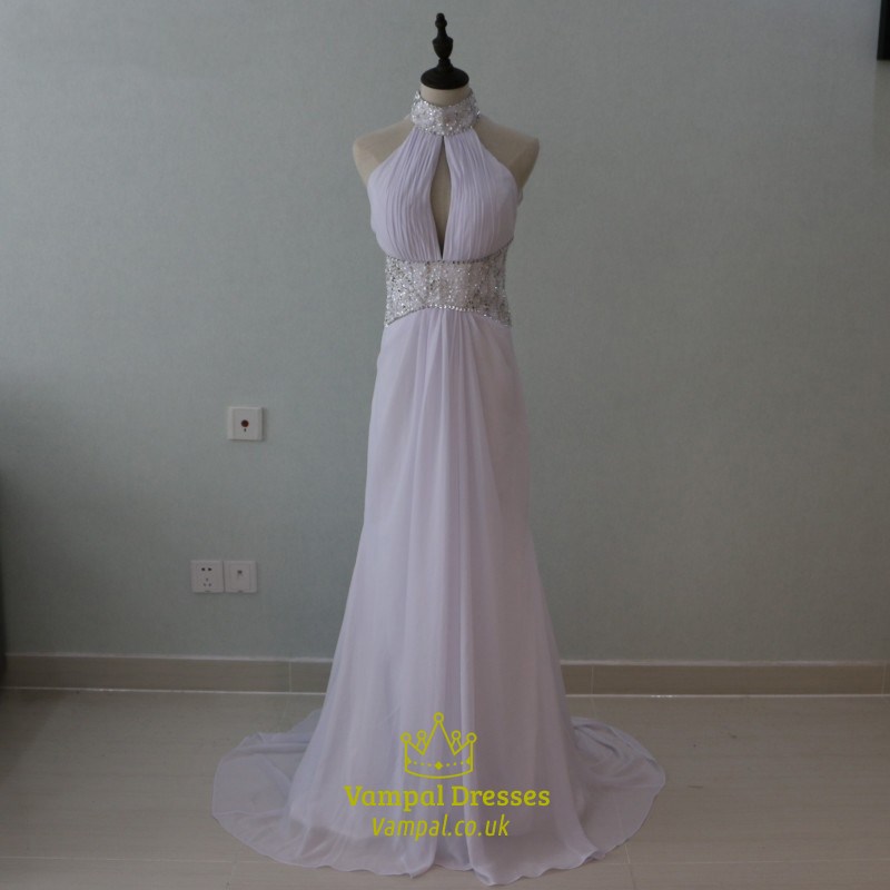 Ärmelloses hochgeschlossenes gerafftes A-Linien-Chiffon-Abschlussballkleid mit Pailletten
