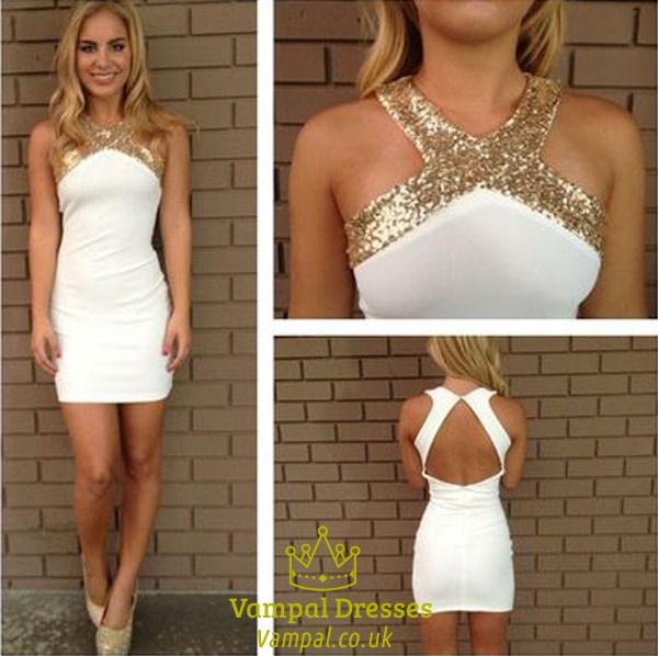 Ärmelloses kurzes Sheath-Cocktailkleid mit offenem Rücken und Pailletten