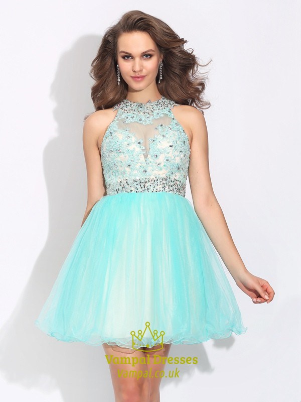Ärmelloses A-Linien-kurzes Prom-Kleid mit perlenbesetztem Spitzen-Oberteil und offenem Rücken