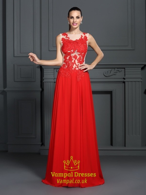 Rotes ärmelloses bodenlanges A-Linien Abschlussballkleid mit Spitzenverzierung