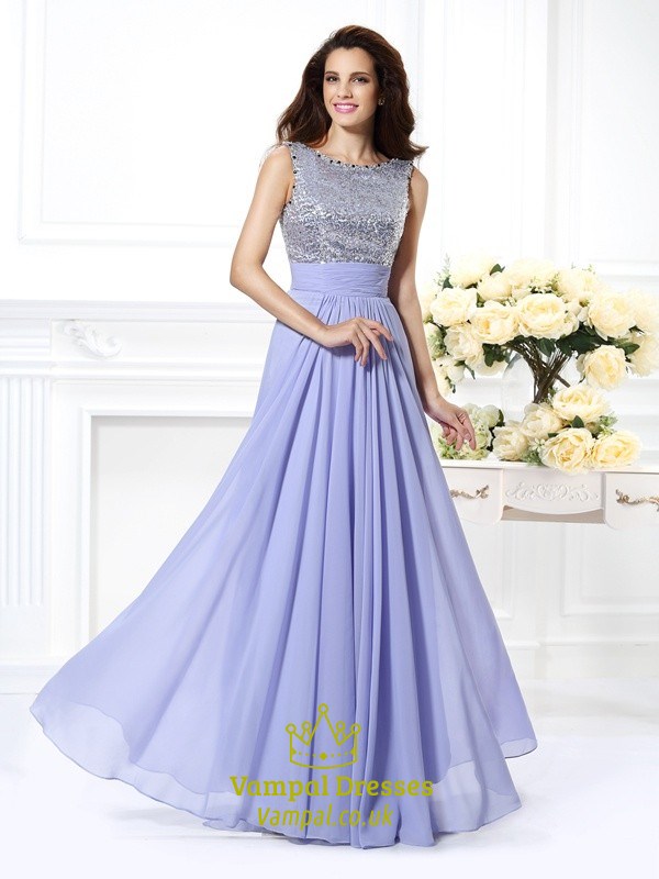 Ärmelloses A-Linien Chiffon-Formal-Kleid mit offenem Rücken und Paillettenoberteil