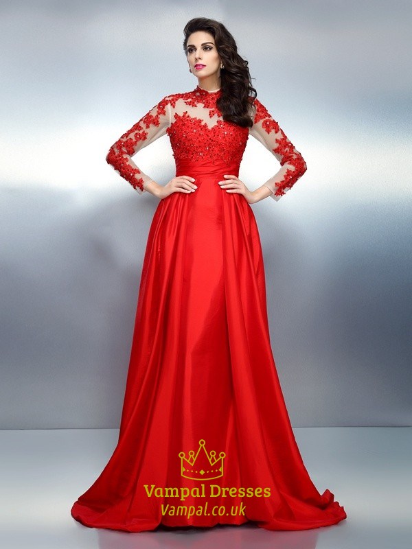 Langes Formal-Kleid mit Illusionslangarm, Spitzenverzierung und Schlüsselloch-Rücken