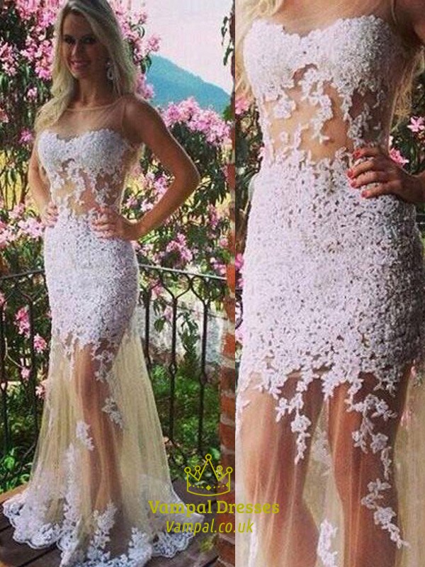 Transparentes ärmelloses langes Meerjungfrau-Abschlussballkleid aus Tüll mit Applikationen und Verzierungen