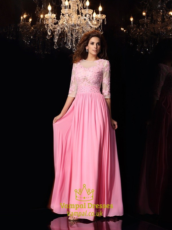 Rosa A-Linien Chiffon-Abschlussballkleid mit 3/4 Ärmeln und Illusionsoberteil