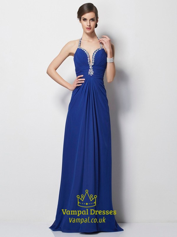 Königsblaues Halterneck Abiballkleid aus Chiffon mit tiefem V-Ausschnitt, A-Linie und offenem Rücken