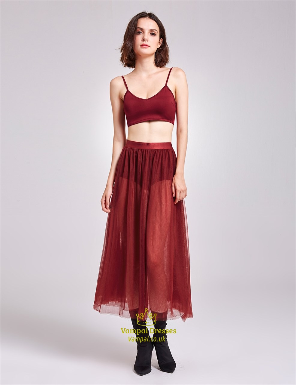 Two-Piece Burgundy Spaghetti Strap A-Line Tulle Overlay Dress