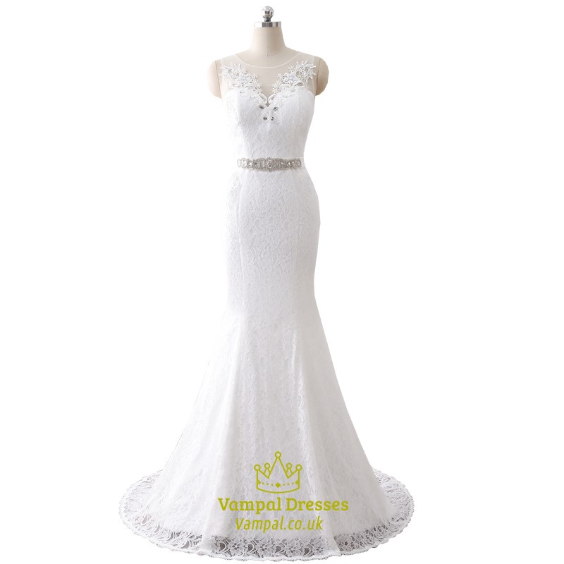Illusion Ärmelloses Bodenlang Spitze Überzug Mermaid Brautkleid