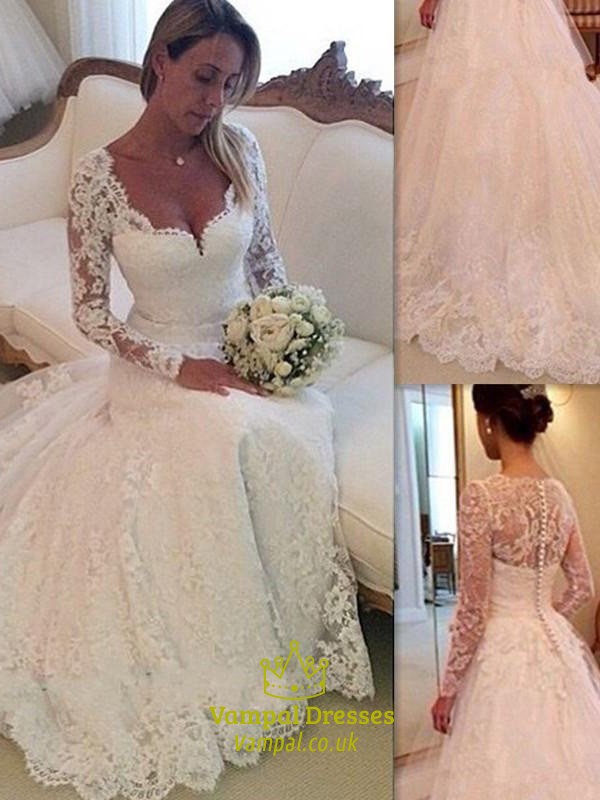 Illusion A-Linie Spitze Chapel Train Brautkleid Mit Langen Ärmeln