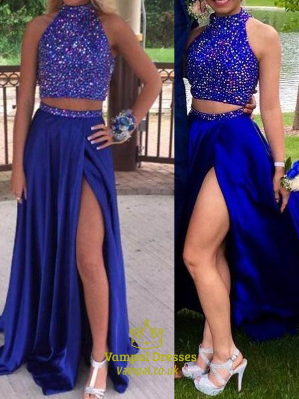 Königsblaues zweiteiliges ärmelloses Abendkleid mit perlenbesetztem Oberteil und Schlitz