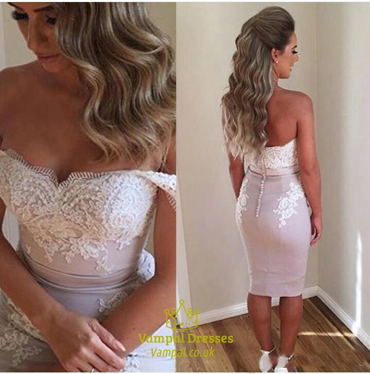Off The Shoulder Lace Embellished Sheath Cocktail Dress