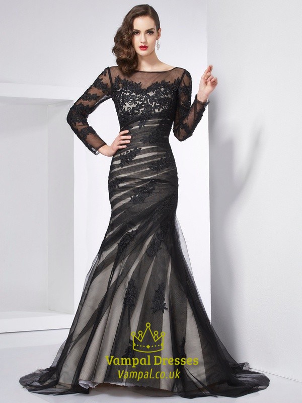 Illusion Schwarz Langarm Applikation Tüll Offener Rücken Meerjungfrau Ballkleid