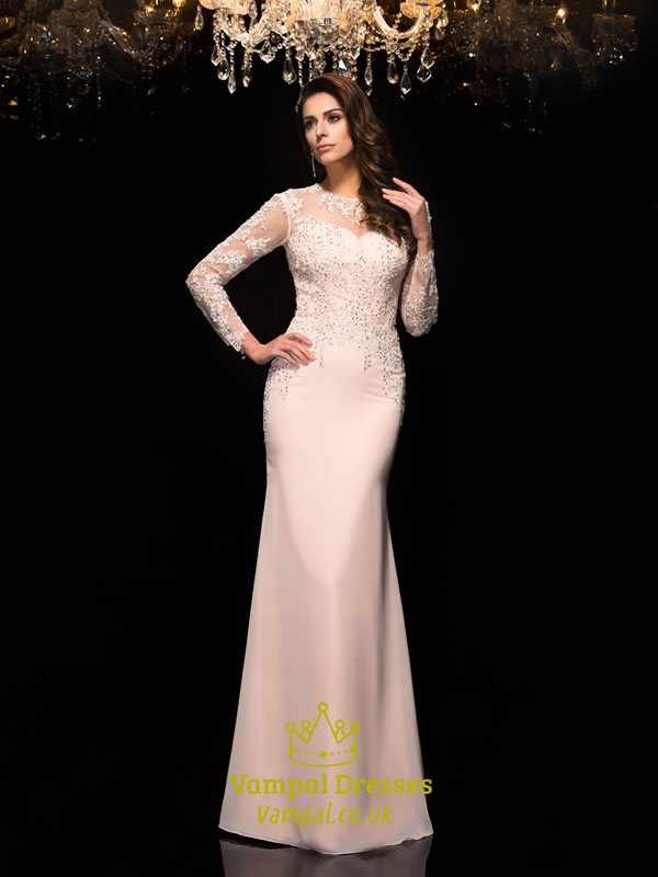 Illusions-Abendkleid in Bodenlänge mit langen Spitzenärmeln, Spitzenoberteil und Chiffon