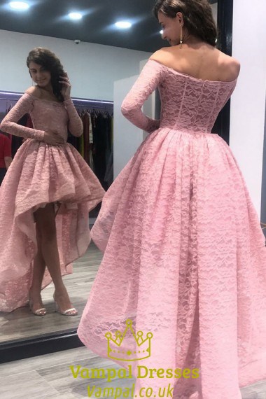 Off Shoulder Long Sleeve A-Line High-Low Lace Dress
