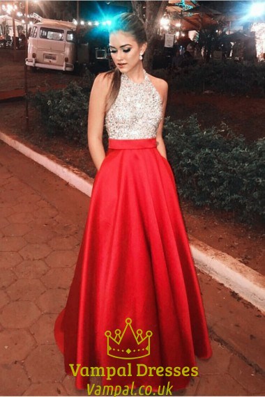 Red Halter Neck Sleeveless Beaded Satin Prom Dress