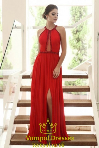 Rotes bodenlanges Falten-Chiffon-Prom-Kleid mit Halfter-Ausschnitt, Schlüsselloch und Schlitz