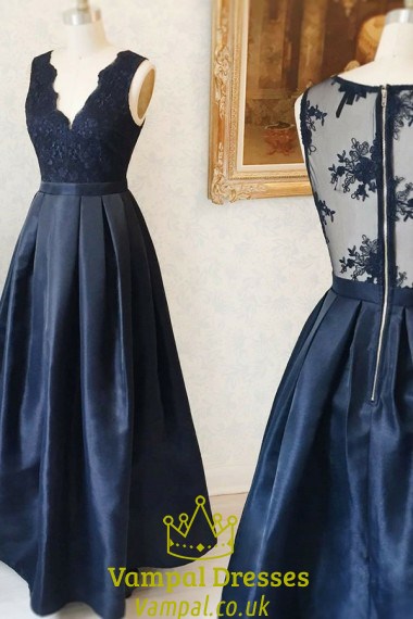 Marineblaues A-Linien-Satin-Prom-Kleid in Teelänge mit Illusionsrücken