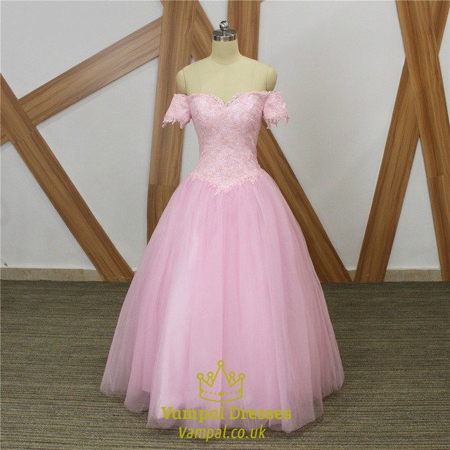 Rosa langes Tüll-Abschlussballkleid in A-Linie mit Sweetheart-Ausschnitt, kurzen Ärmeln und Spitze